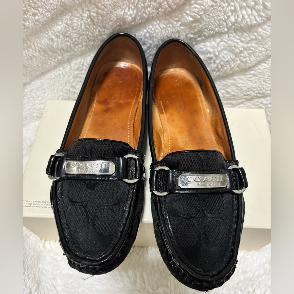 Coach Felisha Black Logo Womens SlipOn Loafers Flats 7.5 Silver VGUC